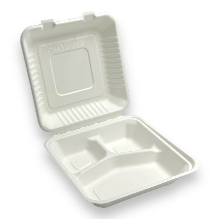 (PFAS FREE) 9x9x3 ECO BIODEGRADABLE COMPOSTABLE BAGASSE THREE COMPARTMENT HINGED CONTAINERS 200CT