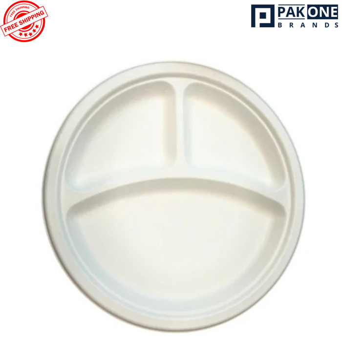 10" ECO BIODEGRADABLE COMPOSTABLE BAGASSE PLATES THREE COMPARTMENT 500CT