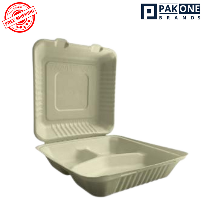 (PFAS FREE) 8"x8"x3" ECO BIODEGRADABLE COMPOSTABLE BAGASSE 3 COMPARTMENT HINGED CONTAINERS 200CT
