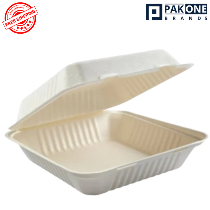 (PFAS FREE) 8"x8"x3" ECO BIODEGRADABLE COMPOSTABLE BAGASSE 1 COMPARTMENT HINGED CONTAINERS 200CT