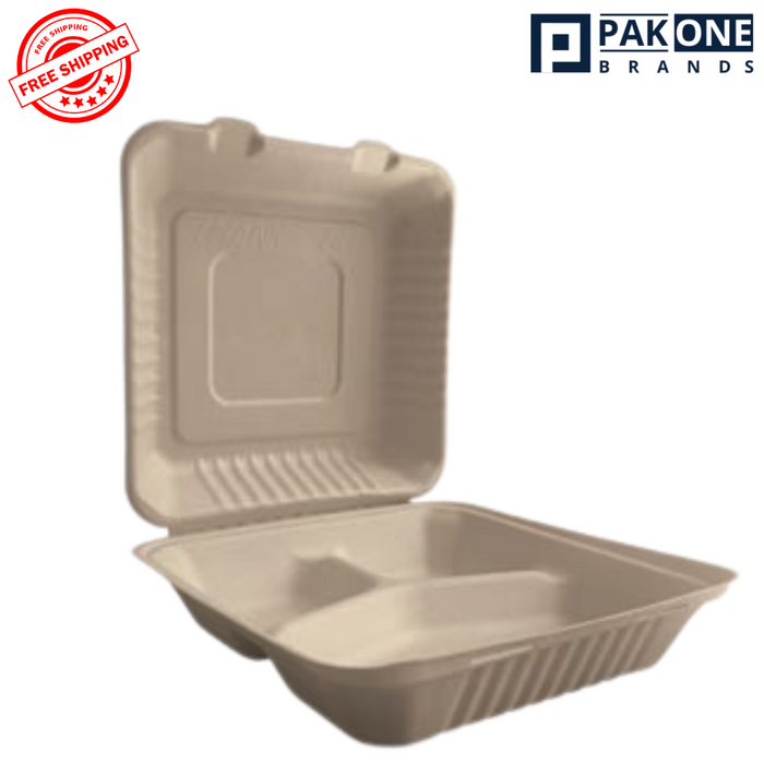 9"x9"x3" (PFAS FREE) ECO BIODEGRADABLE COMPOSTABLE 3 COMP HINGED CONTAINERS 200CT