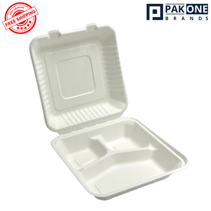 9x9x3 ECO BIODEGRADABLE COMPOSTABLE BAGASSE THREE COMPARTMENT HINGED CONTAINERS 200CT
