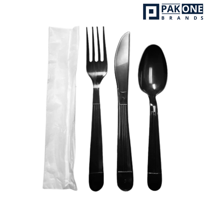 FULL SIZE HEAVY 4 PIECE INDV WRAPPED BLACK CUTLERY KIT 250CT