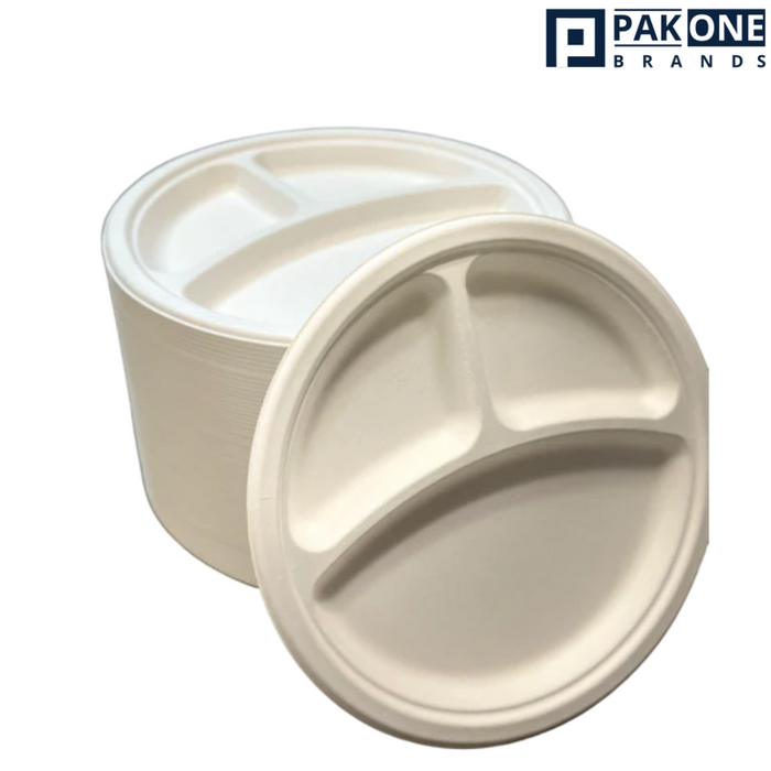 9" ECO BIODEGRADABLE COMPOSTABLE BAGASSE 3 COMPARTMENT PLATES 500CT