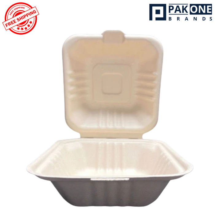 6"x6"x3" BIODEGRADABLE COMPOSTABLE BAGASSE PULP HINGED CONTAINERS 500CT