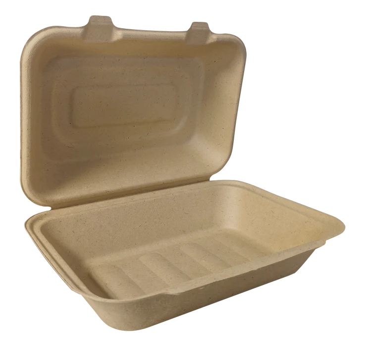(PFAS FREE) 9x6x3 ECO BIODEGRADABLE COMPOSTABLE ONE COMPARTMENT BAGASSE HINGED CONTAINERS 200CT