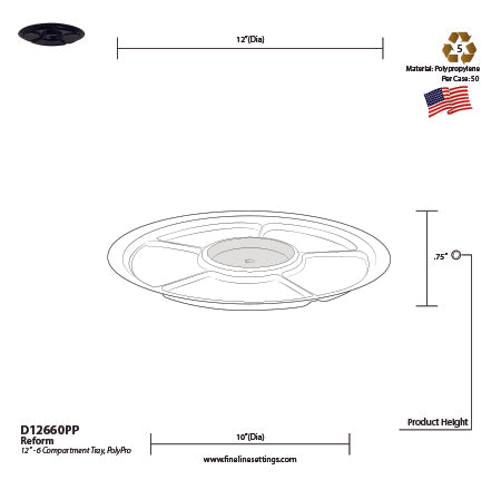 12" - 6 COMPARTMENT SHALLOW CATERING TRAY, POLYPRO 50CT