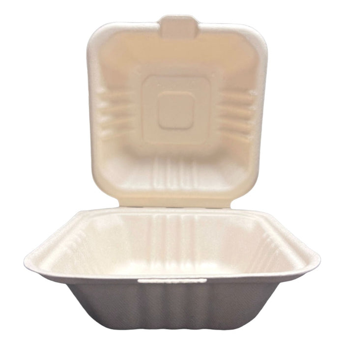 6x6x3 BIODEGRADABLE COMPOSTABLE BAGASSE PULP HINGED CONTAINERS 500C — P  Plus Packaging