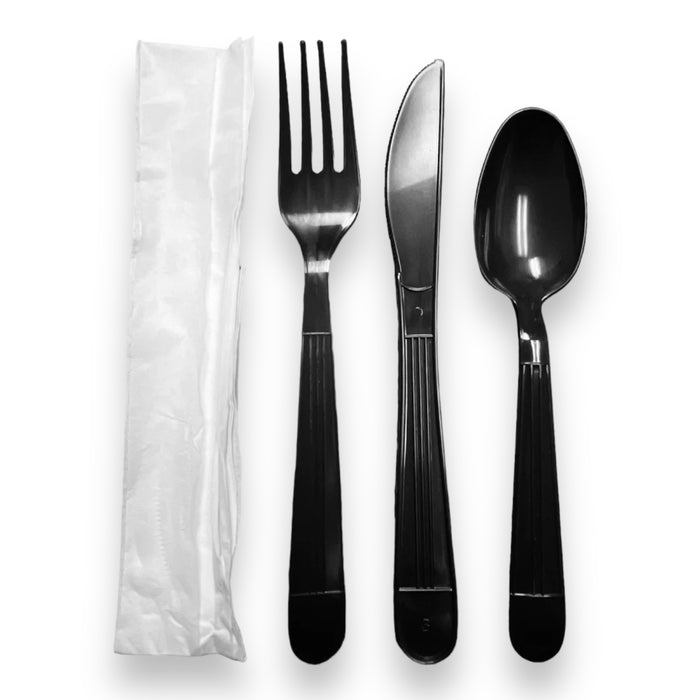 FULL SIZE HEAVY 4 PIECE INDV WRAPPED BLACK CUTLERY KIT 250CT