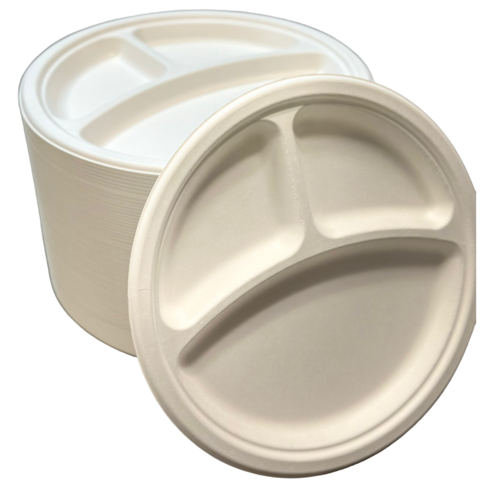 9 ECO BIODEGRADABLE COMPOSTABLE BAGASSE 3 COMPARTMENT PLATES 500CT