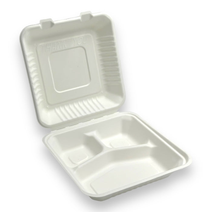9x9x3 ECO BIODEGRADABLE COMPOSTABLE BAGASSE THREE COMPARTMENT HINGED CONTAINERS 200CT