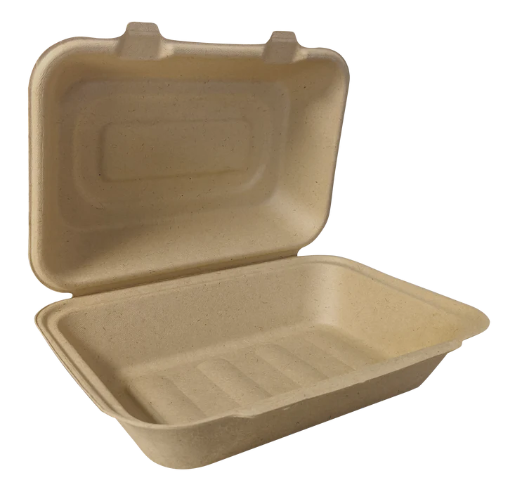 9x6x3 PFAS FREE ECO BIODEGRADABLE COMPOSTABLE ONE COMPARTMENT BAGASSE HINGED CONTAINERS 200CT