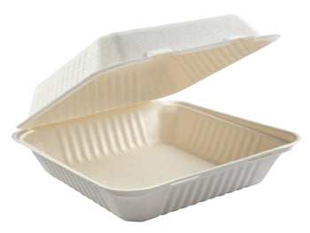 (PFAS FREE) 8"x8"x3" ECO BIODEGRADABLE COMPOSTABLE BAGASSE 1 COMPARTMENT HINGED CONTAINERS 200CT