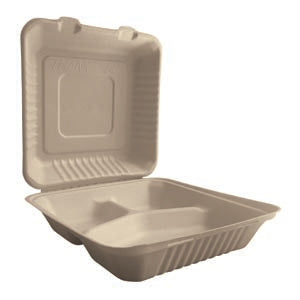 9x9x3 ECO BIODEGRADABLE COMPOSTABLE BAGASSE THREE COMPARTMENT HINGED C — P  Plus Packaging
