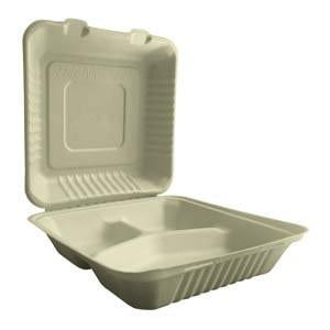 8"x8"x3" ECO BIODEGRADABLE BAGASSE 3 COMPARTMENT HINGED CONTAINERS 200CT